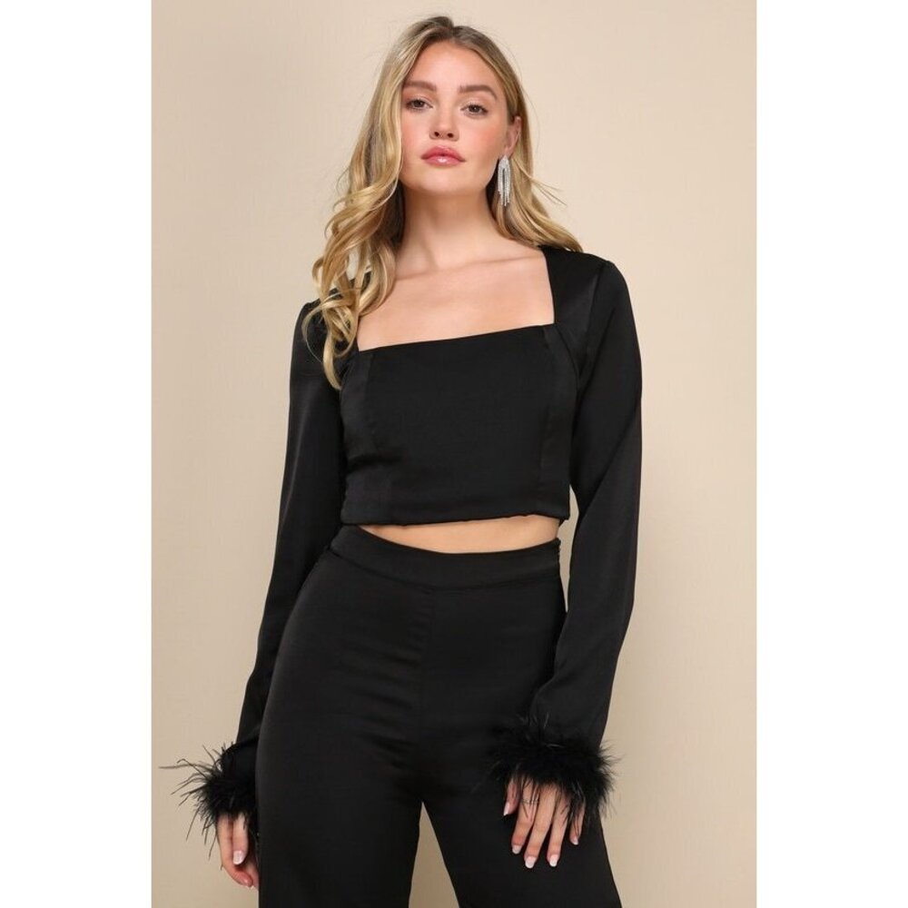Lulus Premium Aura Black Satin Feather Long Sleeve Crop Top - Size L